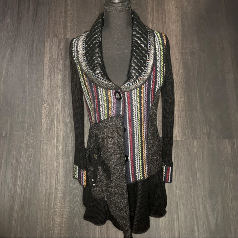 Liquid by Sioni Striped Knit Cardigan with Faux Leather Collar – Size Small